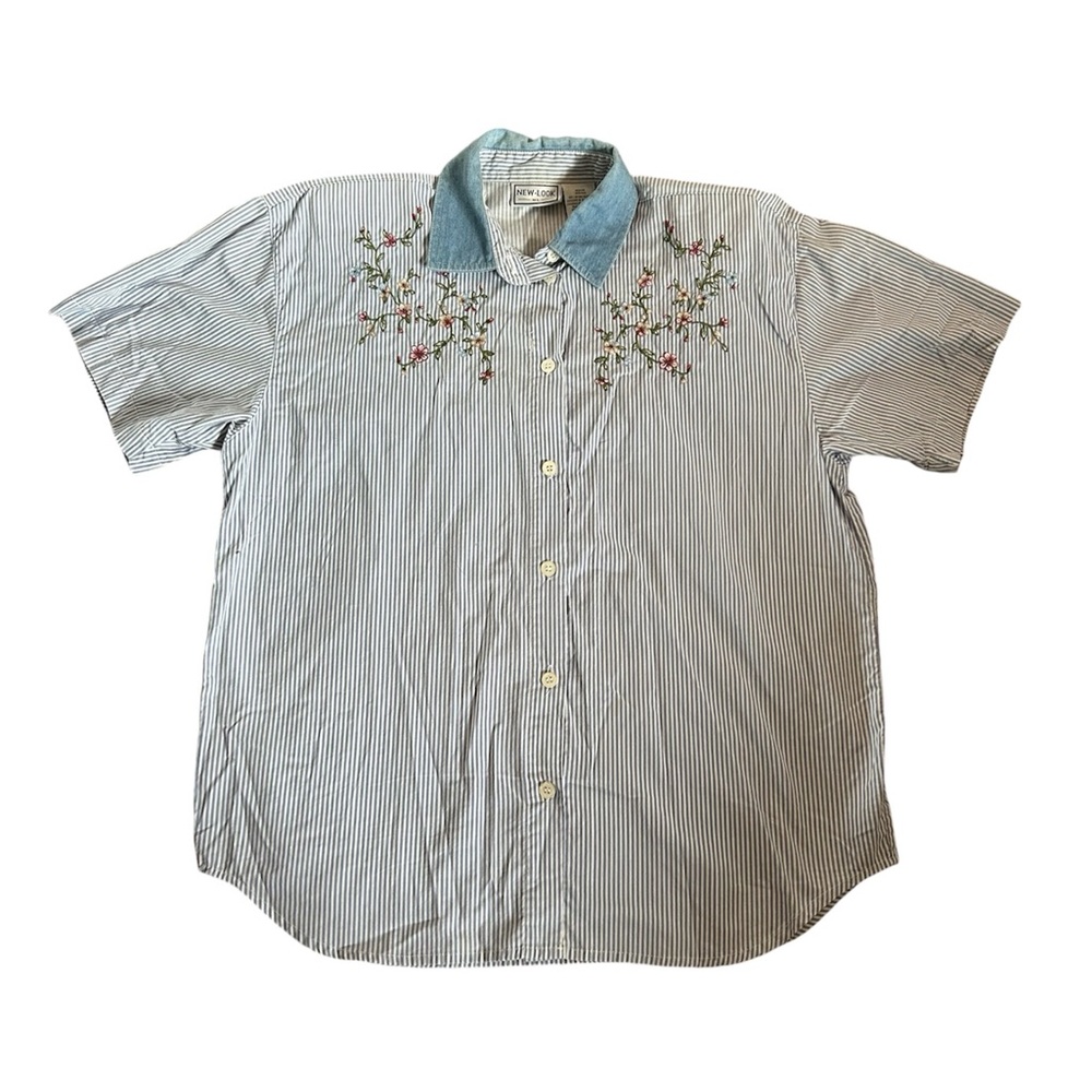 [New Look] VTG Railroad Stripe Shirt w Floral Embroidery